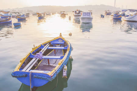 Luzzu, traditional maltese eyed boats, Marsaxlokk bay, Maltaの写真素材