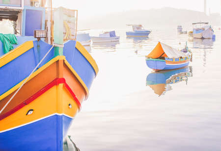 Luzzu, traditional maltese eyed boats, Marsaxlokk bay, Maltaの写真素材