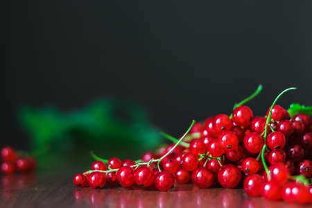 Close up with red currants berries on wooden table. Copy space backgroundの写真素材