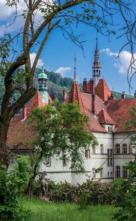 Schonborn Palace, the former residence and hunting lodge of the Counts Schonborn and the sanatorium "Carpathians", near the city of Mukacheve in the Zakarpattia region. Vertical compositionのeditorial素材