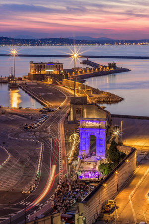 ANCONA, ITALY - SEPTEMBER 3, 2016: Industrial commercial port at sunset, Ancona, Italy. View from the hillのeditorial素材