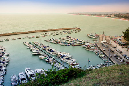 NUMANA, ITALY - SEPTEMBER 7, 2016: Aerial view of the Marina at the harbour front of Numara, Marche, Italyのeditorial素材