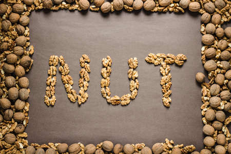 The word "nut" is written from the walnuts on a dark brown paper background in a frame of walnuts. View from aboveの写真素材