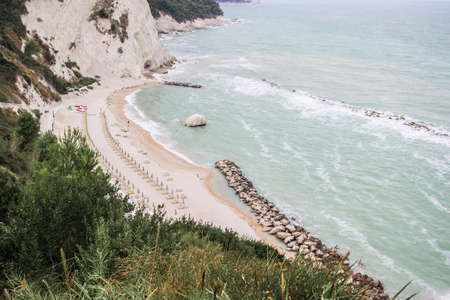 Mount Conero Natural Reserve Regional Park coastline landscape, view from Numana, Italyの写真素材