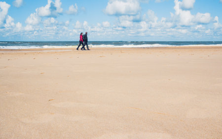 SCHEVENINGEN, NETHERLANDS - AUGUST 23, 2014: Cold weather in the end of the Summer in Hague; A couple walking on the north sea beach on a windy dayのeditorial素材