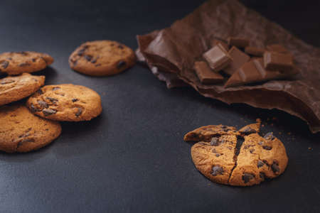 Chocolate chip cookies over dark backgroundの写真素材