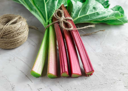 Fresh organic rhubarb stems with leaves on grey concrete stone backgroundの写真素材