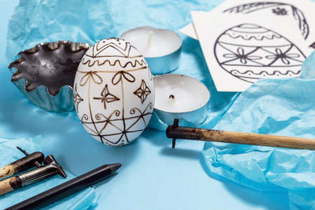 Preparation for Easter holiday. Tools for decorating Paschal eggs, Pysankas, with wax-resist dyeing...