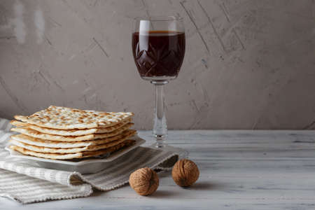 A Jewish Matzah bread with wine. Passover holiday conceptの写真素材