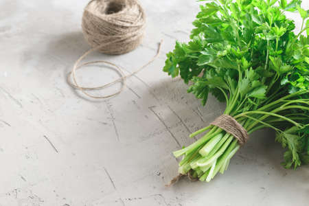 Bunch of organic parsley on grey concrete stone background
