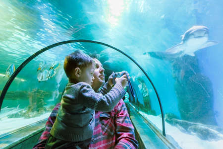 Father and son look at the fish in the aquarium in oceanarium. Boy is taking photo with a toy cameraの写真素材