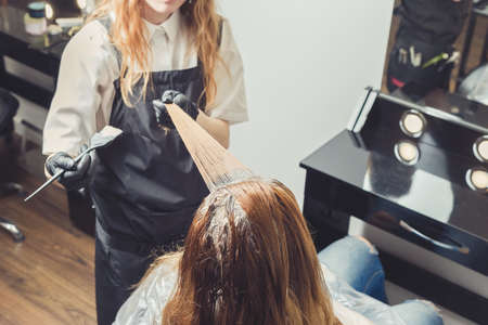 Female stylist applying a dye to the clients hair at beauty salonの写真素材