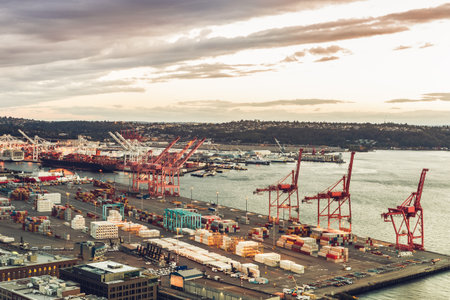 Port of Seattle along Puget Sound, view from the Smith Tower, Washington, USAのeditorial素材