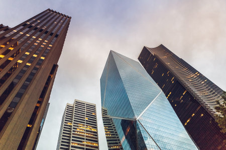 Low angle view of modern skyscrapers in business district in Seattle, Washington state, USAのeditorial素材