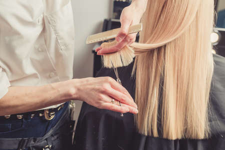 Hairdresser is cutting long blond hair in hair salonの写真素材