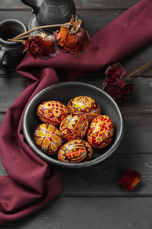Ukrainian Easter eggs decorated with wax-resist dyeing technique, traditional for Eastern European countriesの写真素材