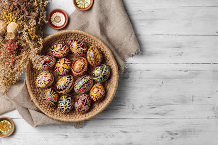 Ukrainian Easter eggs decorated with wax-resist dyeing technique, traditional for Eastern European...