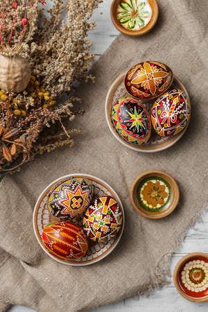 Ukrainian Easter eggs decorated with wax-resist dyeing technique, traditional for Eastern European...