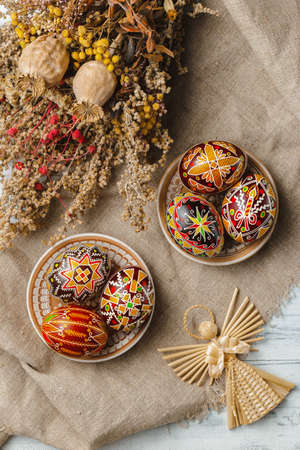 Ukrainian Easter eggs decorated with wax-resist dyeing technique, traditional for Eastern European countriesの写真素材