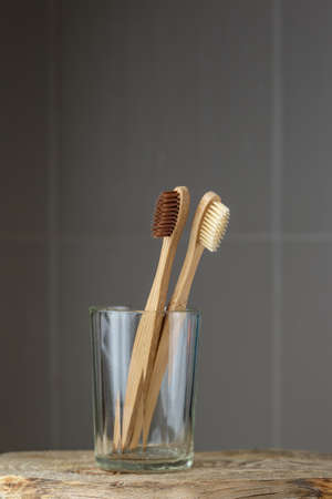 Two eco friendly bamboo brushes in a glass. Zero Waste conceptの写真素材
