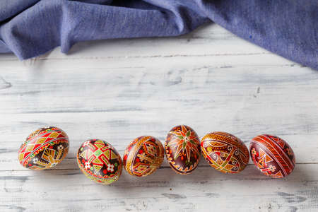 Pysanky, Ukrainian Easter eggs decorated with wax-resist dyeing technique, traditional for Eastern European countriesの写真素材
