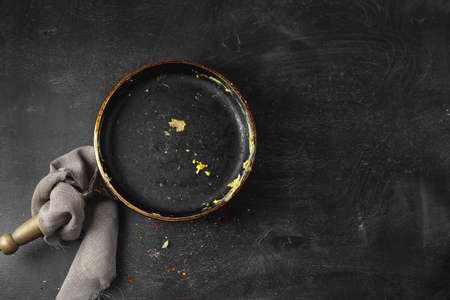 Frying pan with the leftovers of a fried eggs after dinner, rustic style