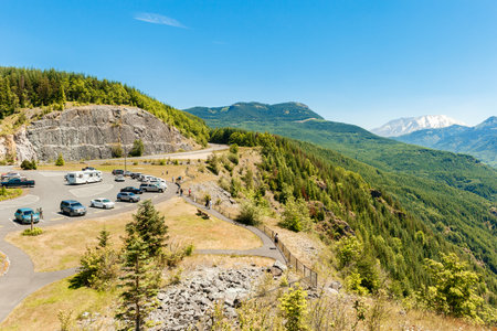 Washington state, USA - June 24, 2018: Parking near the viewpoint on the way to Mount St. Helens national park in Washington state, United Statesのeditorial素材