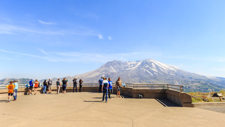 Washington state, USA - June 24, 2018: People look at the volcano Mount St. Helens from viewpoint near Johnston Ridge Observatoryのeditorial素材