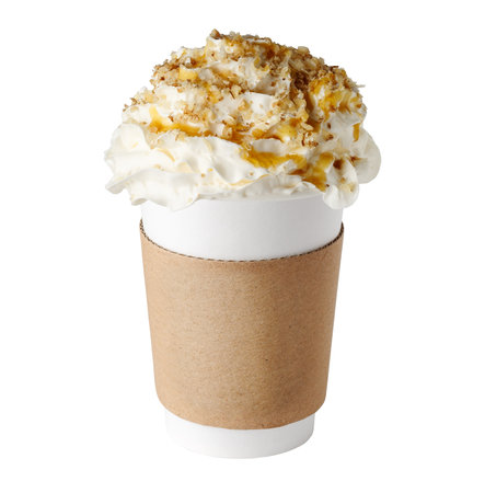 Coffee drink covered with whipped cream, chocolate syrup and candies in paper cup to go isolated on white backgroundの写真素材