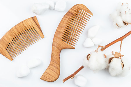 Wooden hair combs on a white background. Personal care, zero waste, sustainable lifestyleの写真素材