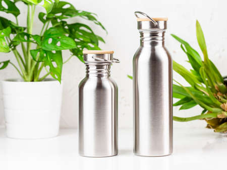 Two stainless steel water bottles of different sizes on the table with houseplants on the backgroundの写真素材