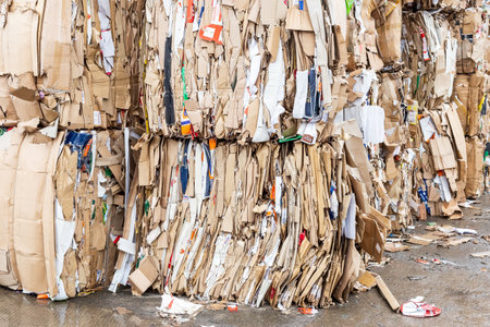 Lviv, Ukraine - March 23, 2021: Stack of paper waste before shredding at recycling plantのeditorial素材
