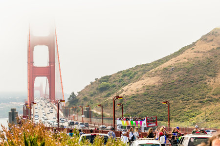 SAN FRANCISCO, CALIFORNIA, USA - July 24, 2018: Golden Gate and the San Francisco bay covered by fog, view from Vista Point North, State Park, Californiaのeditorial素材