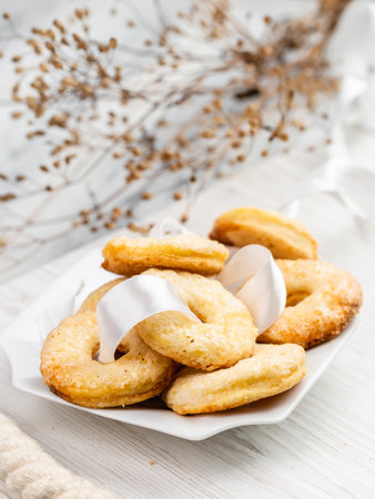 Group of Butter Biscuits Round Shape, Shortbread as kind of fresh homemade bakery on white board backgroundの写真素材