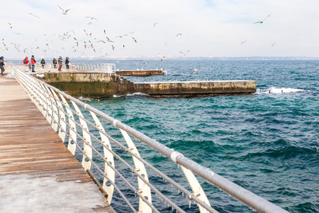 Odessa, Ukraine - February 19, 2021. People are walking on the pier feeding seagulls. Black Sea in...