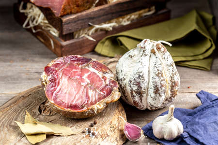 Matsik is jerky pork meat placed in the pork stomach and dried for several months. Traditional Ukrainian appetizerの写真素材