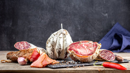 Traditional Ukrainian dry cured meat assortment with Matsik, Dry Cured Pork Tenderloin, Salami Sausageの写真素材