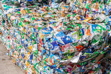 Prelog, Croatia - 27 August, 2021: Large pile of Tetra pack waste collected, pressed and packed into stacks. Waste sorting and recyclingのeditorial素材