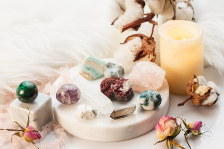 Healing Stones for Crystal Spiritual Ritual, Wicca Practice, Esoteric Witchcraft Arrangement with Burning Candles and Gemstonesの写真素材