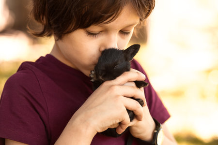 Kid Kisses Little Black Baby Bunny Holding in His Hands with Tenderness and Loveの写真素材
