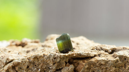 Two pieces of Raw Blue and Green Tourmaline Crystal on Rough Stone Background in Natural Lightの写真素材