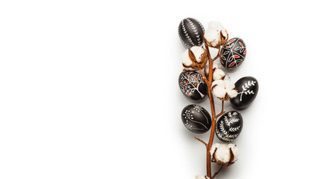Black and White Pysanka Easter Eggs Decorated with Traditional Eastern European Beeswax Technique and a Branch of Cotton Flower. Greeting Card with Space for Textの写真素材