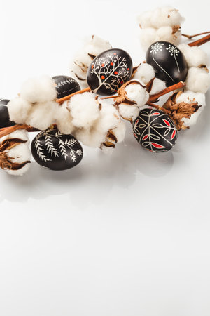 Black and White Pysanka Easter Eggs Decorated with Traditional Eastern European Beeswax Technique and a Branch of Cotton Flower. Greeting Card with Space for Textの写真素材