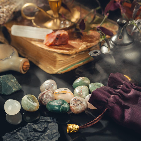 Magic Tools for Divination Ritual on the Table in the Mystical Fog Around. Square Compositionの写真素材