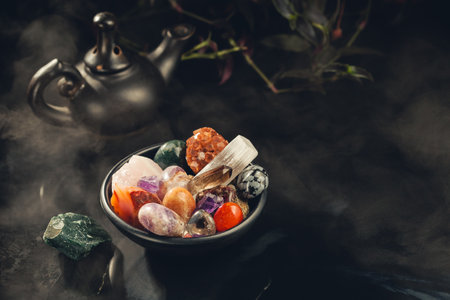 Bunch of Colorful Crystals and Rough Mineral Stones in the Black Bowl Shrouded in a Mystical Mist. Crystal Cleansing Fumigation. Copy Space for Textの写真素材