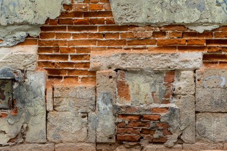 Grunge Background of Old Exterior Wall Built with Red Bricks and Sandstone Blocks with Peeling Plaster. Ruin and Decay Conceptの写真素材