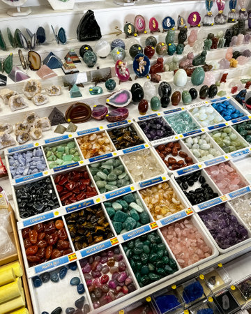 Minerals and Fossils Shopping. Colorful Rocks and Minerals are Displayed in the Souvenir Shopの写真素材