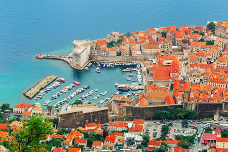 Old City of Dubrovnik, Prominent travel destination in Croatia. Above View on the Bay with Boatsの写真素材