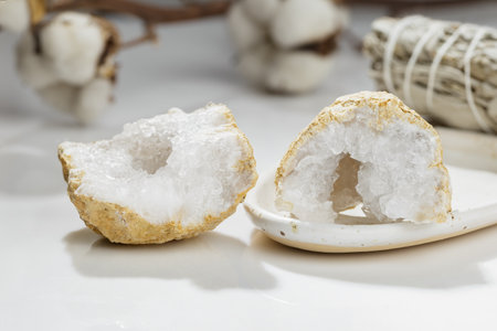 Cracked Pure Quartz Crystals Geode on the Table