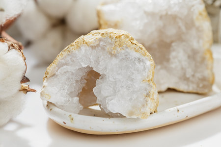 Cracked Pure Quartz Crystals Geode on the Tableの写真素材